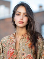 Obraz premium Portrait of a young woman with freckles, wearing a patterned olive-green shirt, outdoors in soft natural light. Her dark brown hair flows freely, and she gazes directly at the camera w : Generative AI