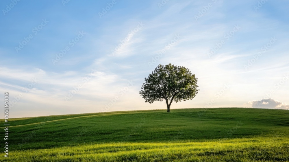 Poster single tree standing on a gently rolling green field under a vast, pale blue sky with wispy clouds, 