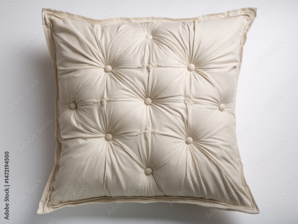 Poster cream-colored tufted square pillow with button detailing, photographed against a white background, s
