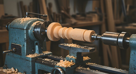 Close Up of A Turquoise Wood Lathe Crafting Wood Spindle with Flying Wood Shavings in Rustic Brown Wooden Workshop