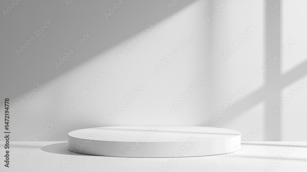 Poster Minimalist white cylindrical platform showcased against a bright wall, bathed in soft sunlight streaming through a window, creating a serene and elegant display. : Generative AI