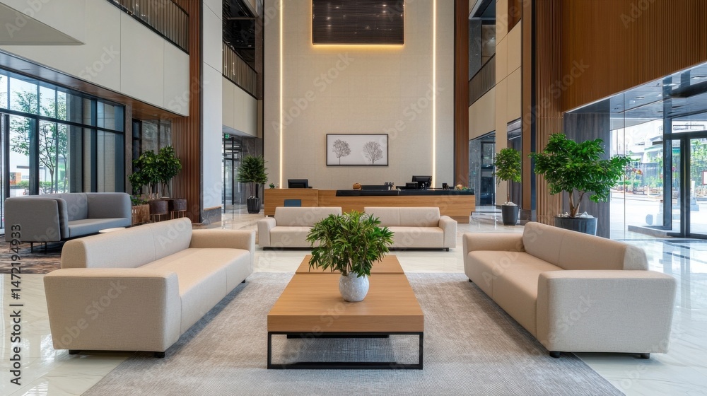 Poster modern beige sofas and wooden coffee table in a spacious, bright lobby with large windows and potted