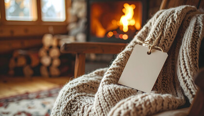 Obraz premium Cozy knit blanket on rocking chair near fireplace with a blank tag attached
