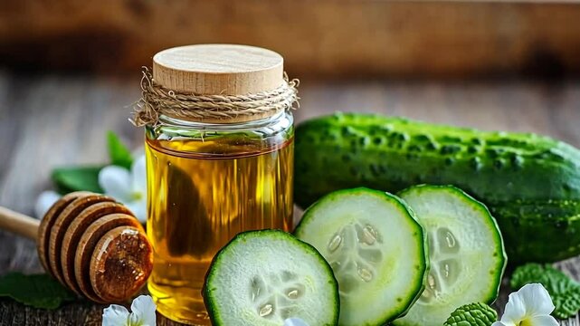 Fresh cucumber with honey for wellness facial treatment and skincare concept