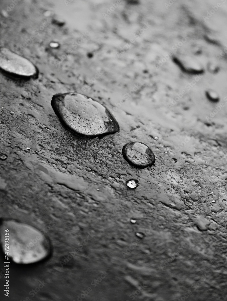 Aufkleber Close-up view of water droplets on a dark, textured surface, showcasing the interplay of light and shadow, highlighting the spherical shape and reflective qualities of the water beads. : Generative AI