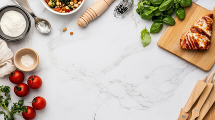 Overhead shot of a marble kitchen countertop with various cooking ingredients and utensils, including grilled chicken breast, fresh basil, tomatoes, and a vegetable salad, creating a v : Generative AI