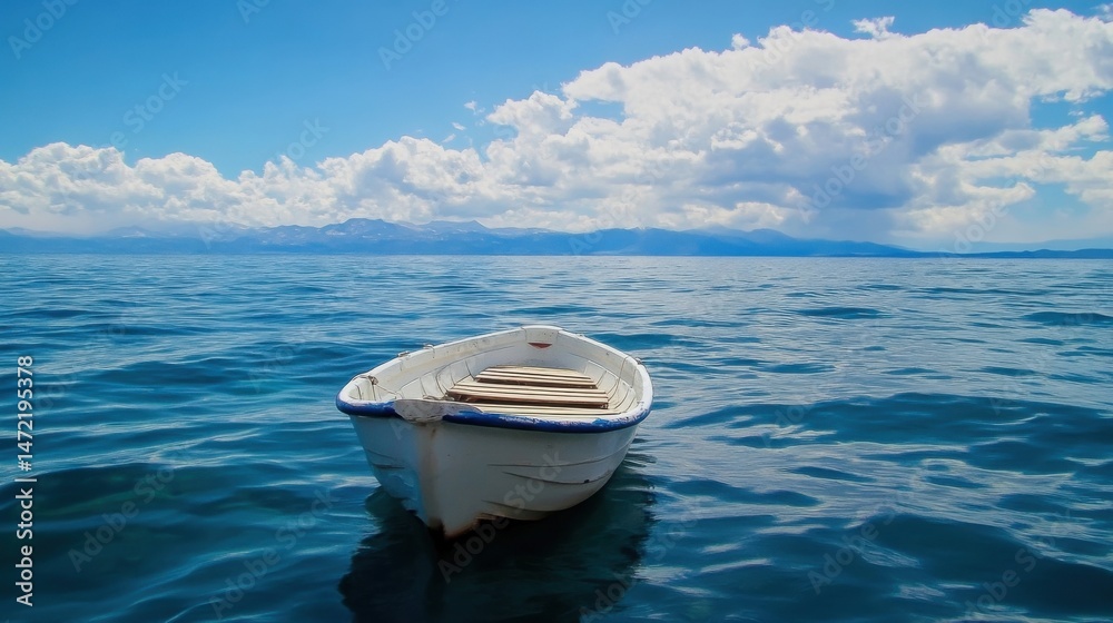 Aufkleber A small white rowboat floats serenely on a calm, deep blue lake, mountains and a partly cloudy sky forming a picturesque backdrop. : Generative AI