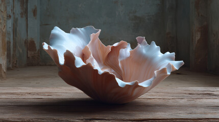 A delicate light pink ceramic bowl with a ruffled edge sits elegantly on a wooden surface against a rustic backdrop creating a serene and artistic composition.
