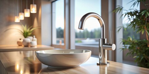 Modern chrome faucet and minimalist sink in a bright bathroom