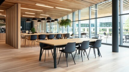 Modern office break room with light wood floors, large windows, and black chairs around a light wood table.  A coffee bar is visible in the background. : Generative AI