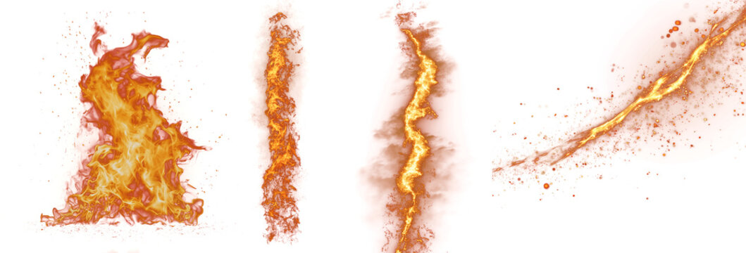 Vertical flame columns and explosive firebolt with glowing particles, isolated on transparent background for action visuals, motion graphics, VFX, or gaming firepower effects
