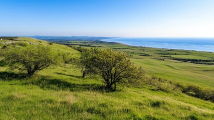 Fototapeta premium Serene coastal landscape showcasing rolling green hills, lush vegetation, and a tranquil ocean view under a clear blue sky. : Generative AI