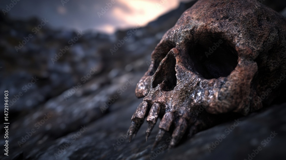 Aufkleber a weathered skull rests on dark rocks, bathed in the soft light of a setting sun, creating a dramati