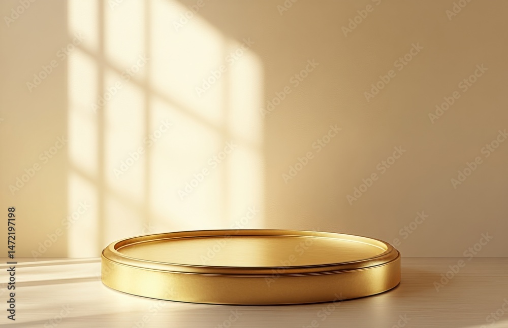 Poster Elegant gold cylindrical display platform on light wood floor, bathed in soft sunlight streaming through a window, creating a minimalist, luxurious scene. : Generative AI