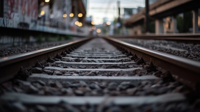 A close perspective of railway tracks extending towards a blurred cityscape at dusk, showcasing the texture of the gravel ballast and steel rails. : Generative AI