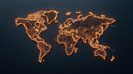 A glowing world map with illuminated city lights outlines continents on a dark background.