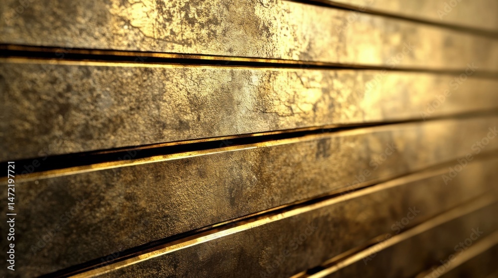 Poster Close-up view of a textured gold metallic surface, composed of horizontal, slightly curved planks with thin, darker metallic lines separating each plank, creating a luxurious and elega : Generative AI