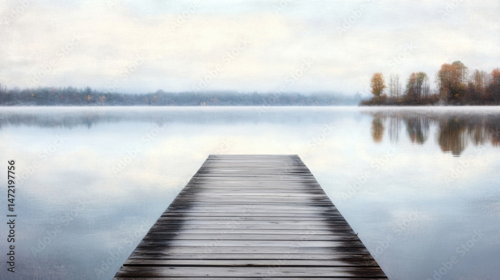 Poster serene autumn morning mist over a calm lake, a wooden dock extends invitingly towards the tranquil w
