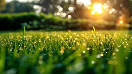 Morning dew glistens on lush green grass at sunrise - Powered by Adobe