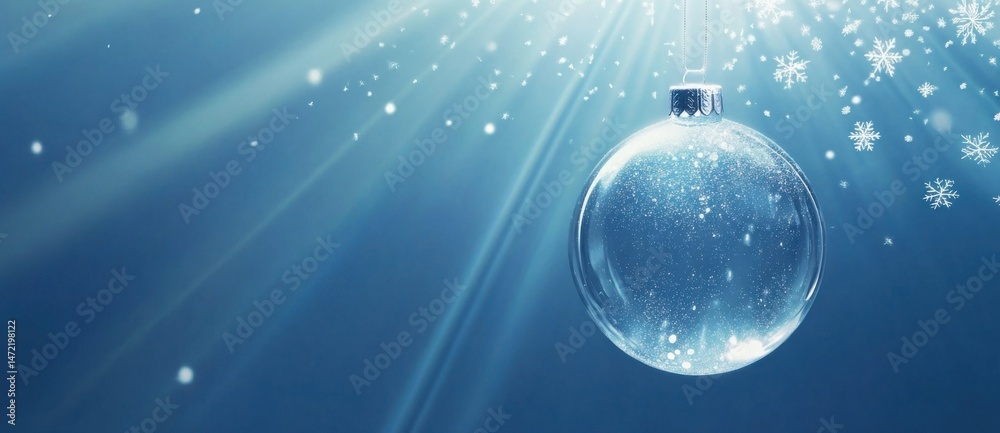 Poster a single, clear glass christmas ornament hangs from a silver string, suspended against a serene blue
