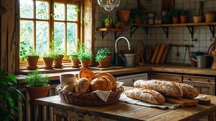 Country Kitchen Table Setting: Fresh Bread and Greenery