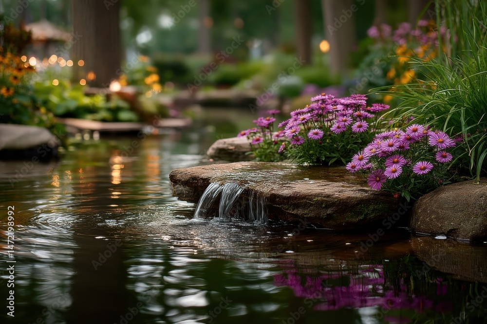 Poster serene garden pond with a small waterfall cascading over rocks, surrounded by vibrant purple asters 