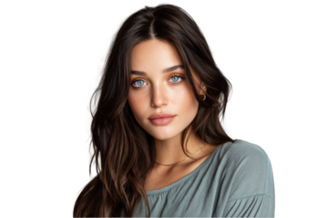 Stunning portrait of a young woman with long brown hair and blue eyes wearing a simple teal shirt on transparent background girl