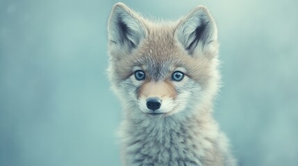 Fototapeta premium Cute baby coyote portrait with light blue background for wildlife education and animal conservation.