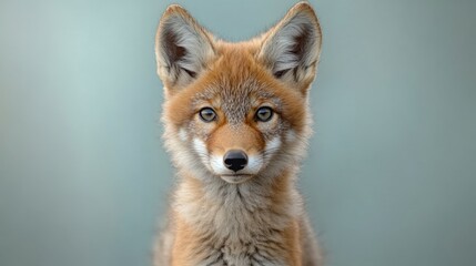 Fototapeta premium Cute baby coyote portrait with light blue background for wildlife education and animal conservation.