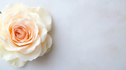 Fototapeta premium A single, delicate peach rose rests on a light gray textured background, offering a serene and elegant visual. : Generative AI