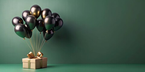 Elegant gold gift box lifted by dark balloons against a deep green backdrop
