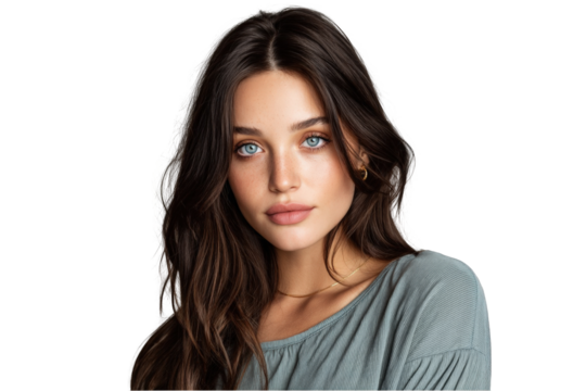 Stunning portrait of a young woman with long brown hair and blue eyes wearing a simple teal shirt on transparent background girl