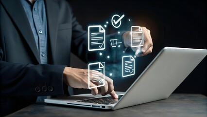 Businessman touching approved document icon on digital documents for approve business project proposals. Quality assurance and online evaluation of business concept.