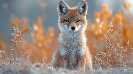 Fototapeta premium Cute baby coyote portrait with light blue background for wildlife education and animal conservation.