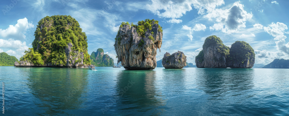 Poster stunning panoramic view of tropical limestone karsts rising from turquoise ocean water under a vibra