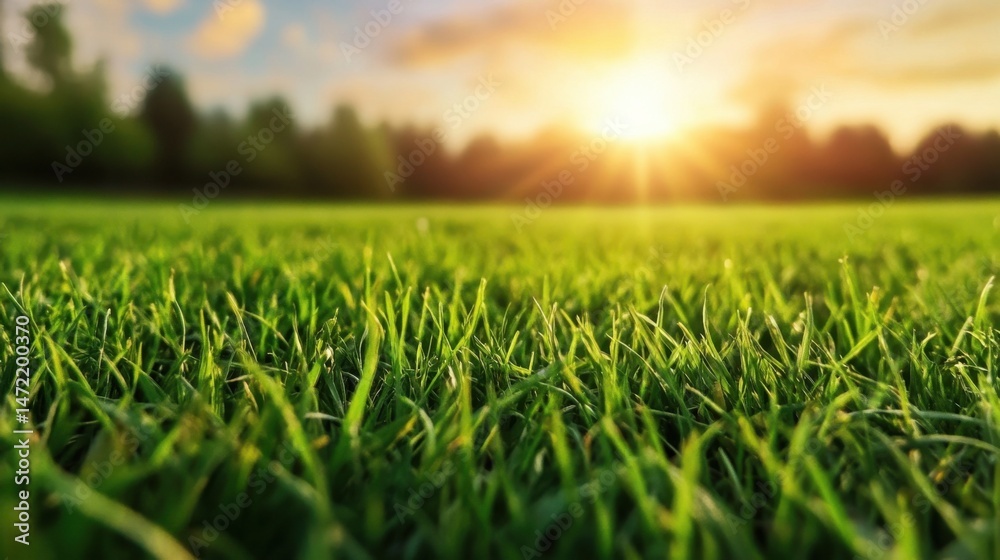Aufkleber Close-up view of vibrant green grass illuminated by the warm glow of a setting sun, creating a tranquil and peaceful summer evening scene. : Generative AI