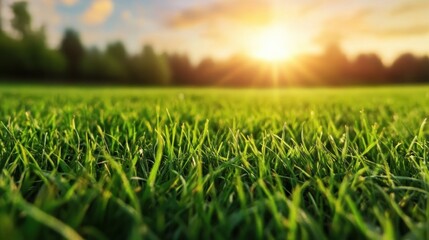 Close-up view of vibrant green grass illuminated by the warm glow of a setting sun, creating a tranquil and peaceful summer evening scene. : Generative AI