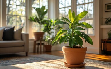 Sunlight streams through large windows illuminating houseplants on a wooden coffee table.