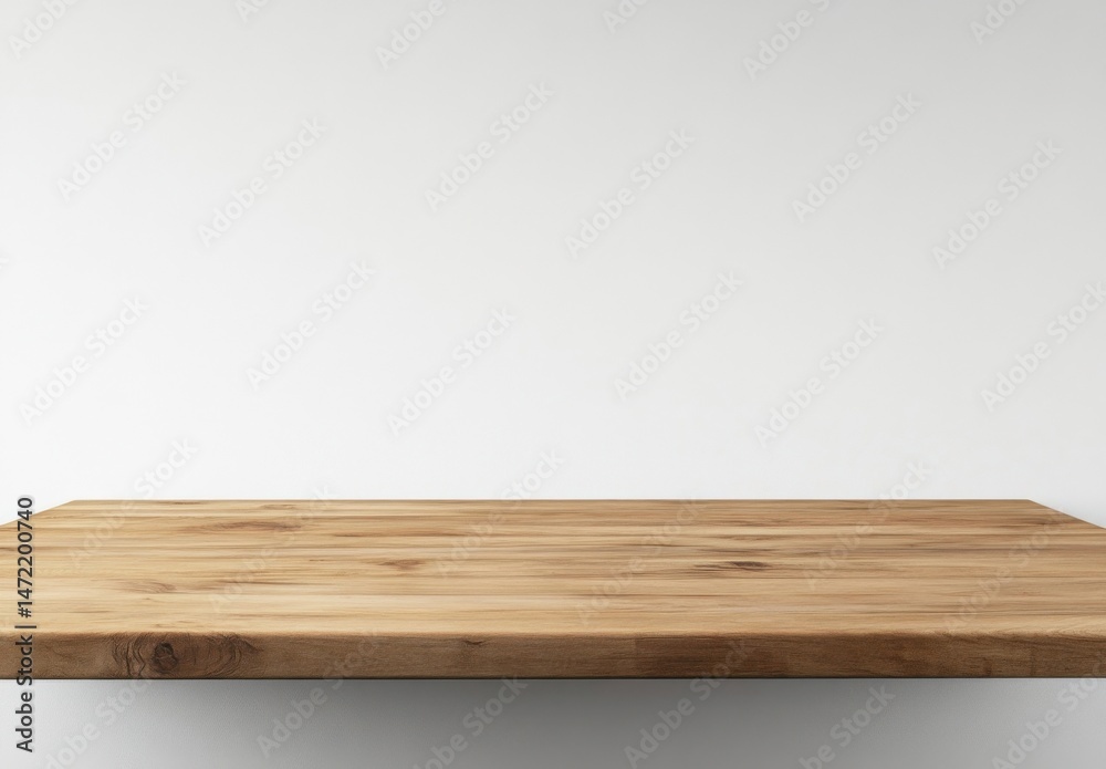 Aufkleber empty light brown wooden shelf against a white wall, perfect for product placement or display. clean
