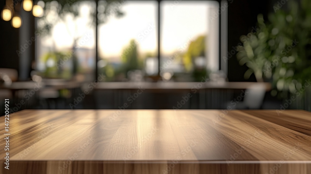 Fototapete Empty wooden table in a modern cafe with blurred background of greenery and sunlight through large windows. : Generative AI