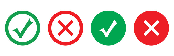 Green checkmark tick and red X icons. Set green approval check mark and red cross icons in circle isolated tick symbols. © Creative Sparkle
