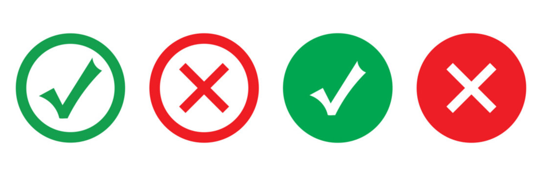 Green checkmark tick and red X icons. Set green approval check mark and red cross icons in circle isolated tick symbols.