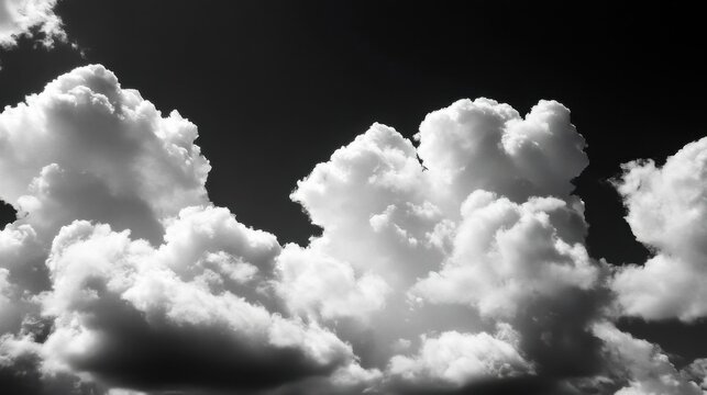 Dramatic black and white image of fluffy cumulus clouds against a dark sky, creating a striking contrast and texture. : Generative AI