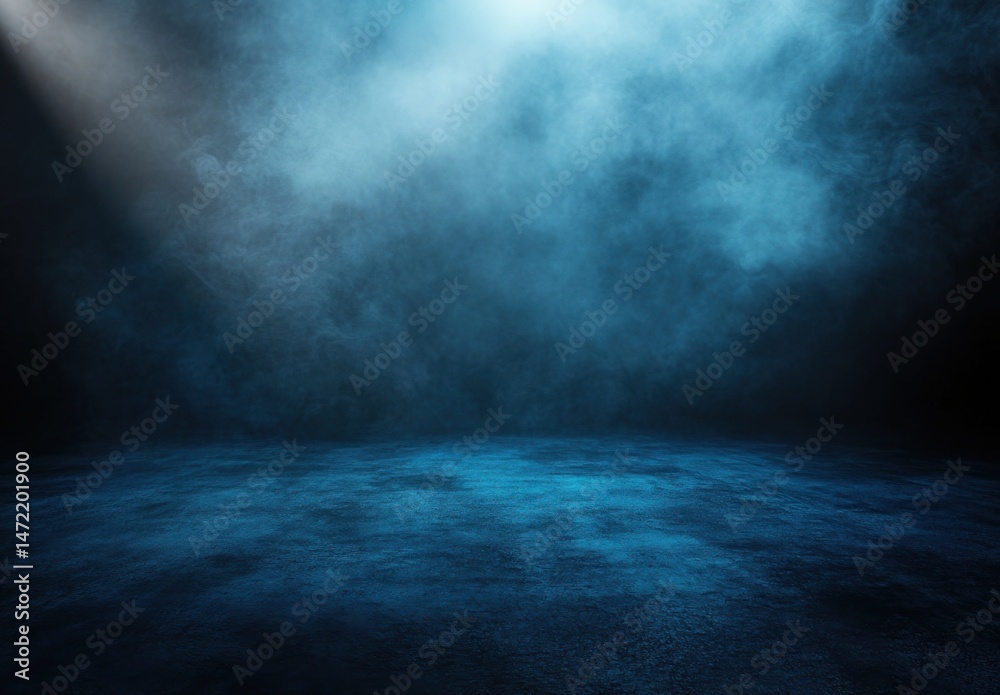 Poster moody blue atmospheric scene with a spotlight illuminating a textured ground, creating a dramatic an