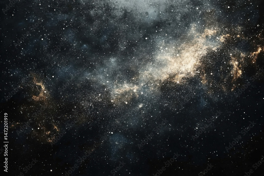 Poster a mesmerizing cosmic landscape showcasing a vibrant nebula with golden hues, interspersed with count