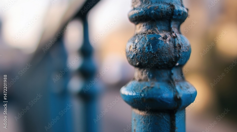 Poster close-up view of a weathered, blue metal railing post, showing texture and age, outdoors in soft lig
