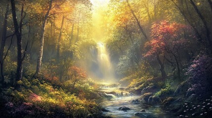 Sunlit Autumn Forest Waterfall Scene