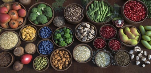 Overhead shot of various healthy foods in wooden bowls, including fruits, vegetables, grains, and legumes, arranged on a dark wooden surface. : Generative AI