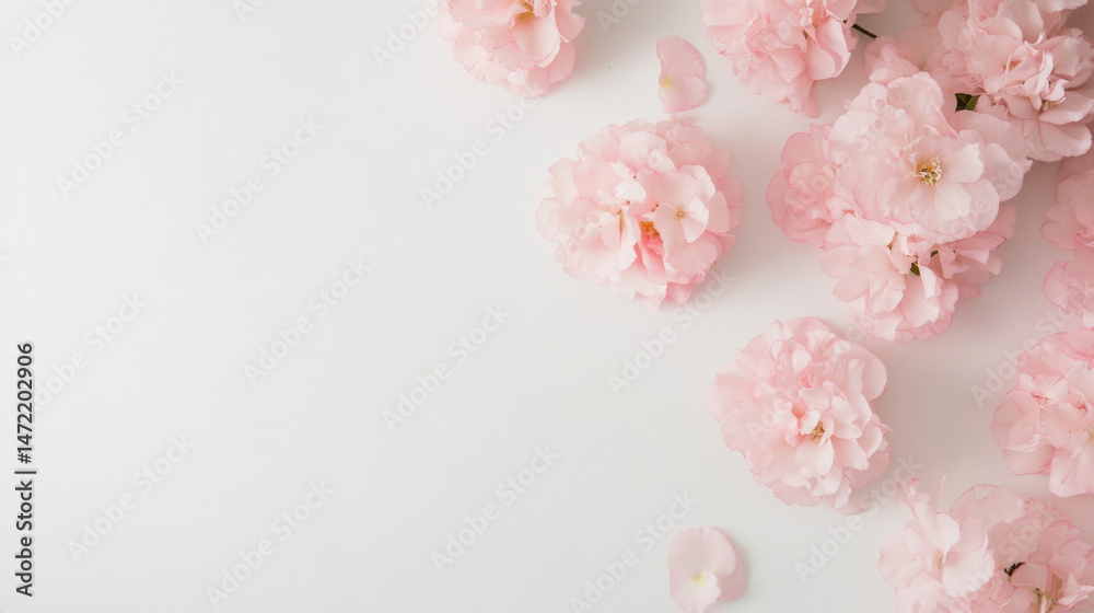 Poster delicate pink cherry blossoms arranged on a white background, creating a soft and elegant floral com