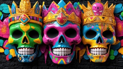 Three vibrant sugar skulls wea ornate golden crowns are showcased against a textured dark background.